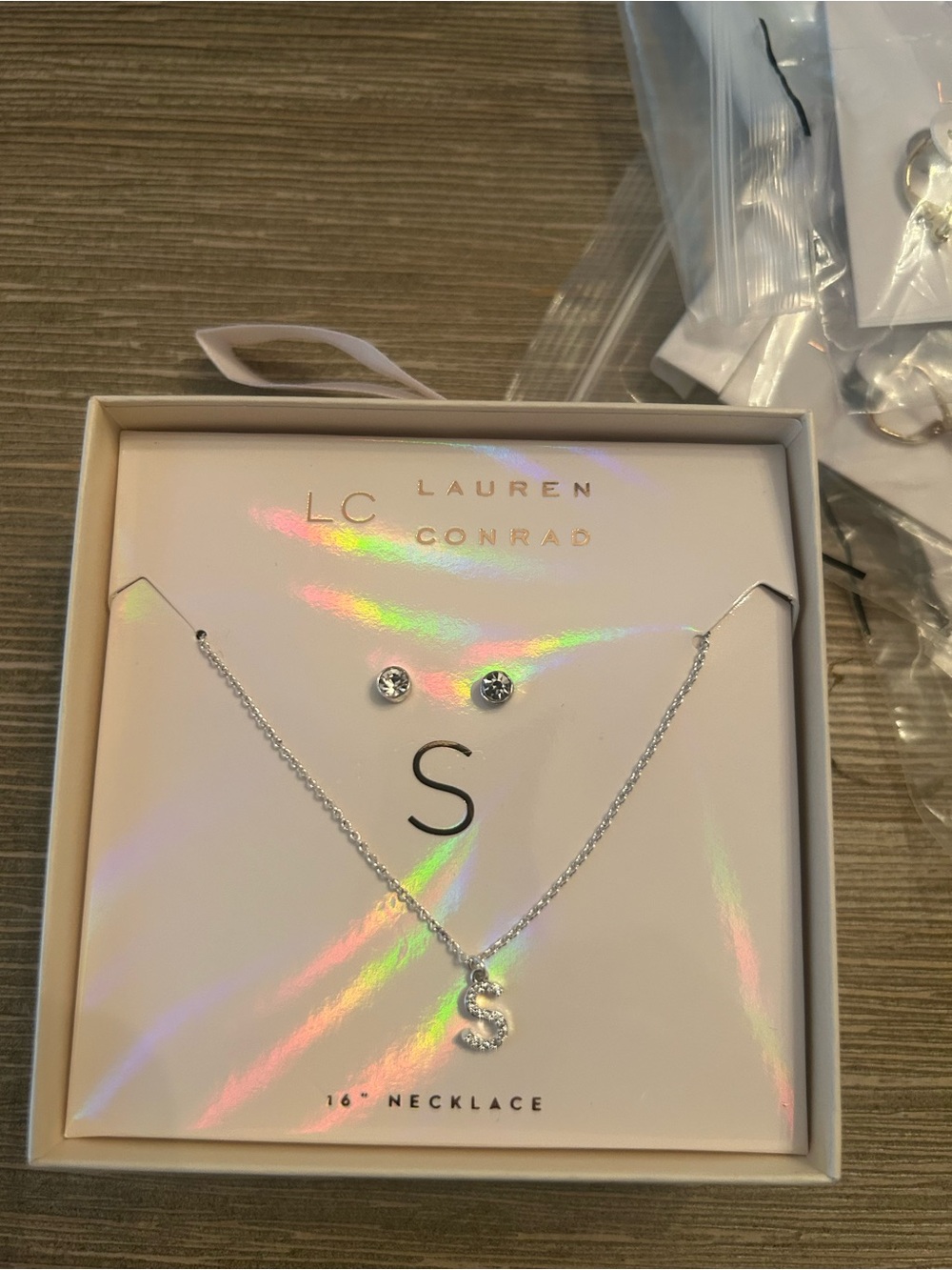 LC Lauren Conrad Silver Crystal 'S' Initial Necklace with Stud Earrings